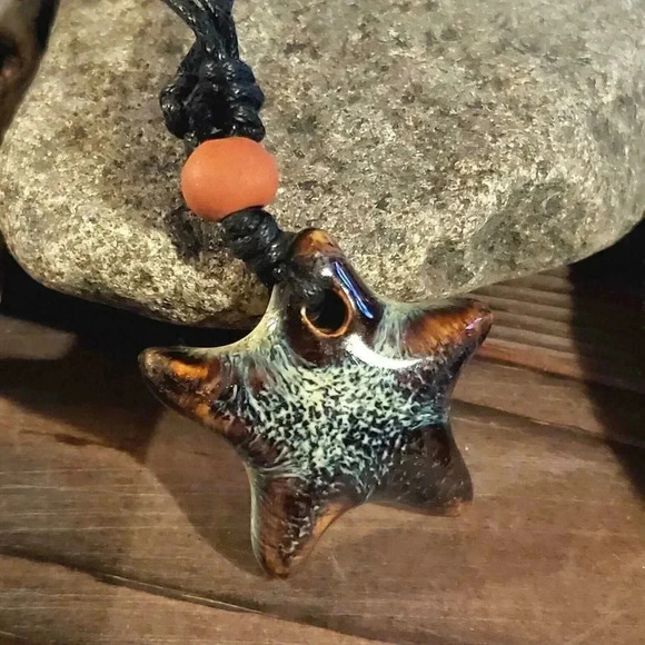 Handcrafted Artsy Circle Glazed Blue Black Porcelain Pendant Necklace - Picture 1 of 7